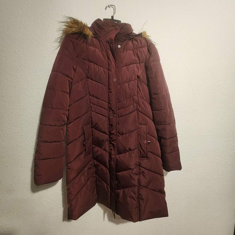 Women's Burgundy Puffer Coat with Faux Fur Trim